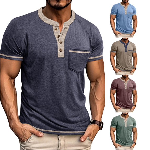 Zylarhe Mens Tshirt, Color Blocked Button Open Neck Pocket Men Casual Loose Comfortable Solid Round Short Sleeved T Shirt Navy XL