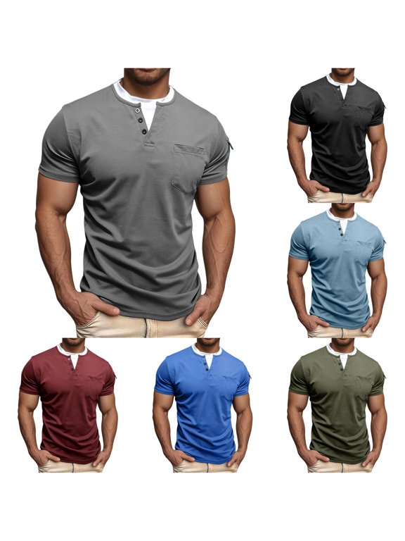 Mens Tshirt, Men Double Layer Neck Casual T Shirt Daily Wear Basic Top for Spring Summer Autumn Grey S