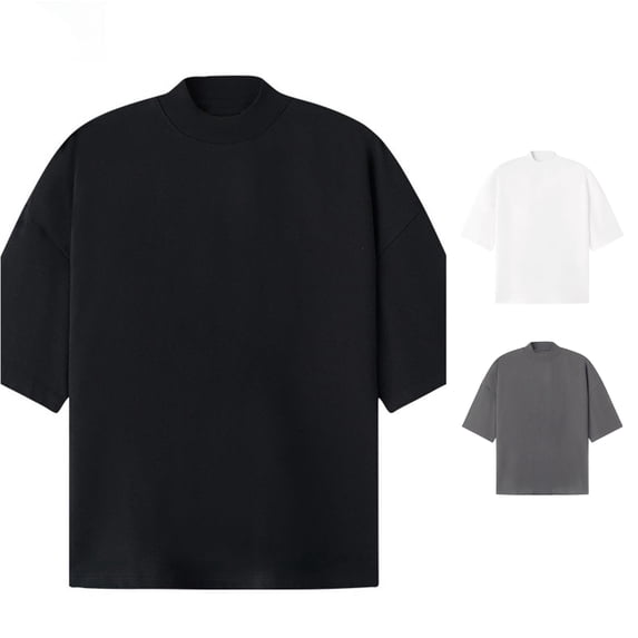 Zylarhe Mens Tshirt, Men Half High Neck T Shirt Short Sleeve Heavyweight Loose Falling Shoulder Minimalist Solid Color Fine Black XL