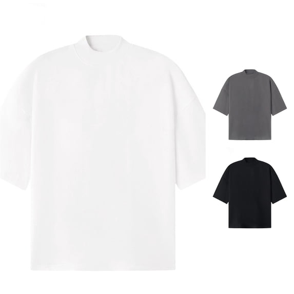 Zylarhe Mens Tshirt, Men Half High Neck T Shirt Short Sleeve Heavyweight Loose Falling Shoulder Minimalist Solid Color Fine White S