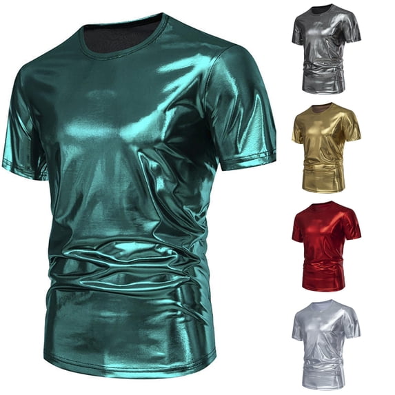 Zylarhe Mens Tshirt, Mens Fashion Party Stage Glossy Short Sleeved Round Neck Blend Tee Shirt For Evening Wear Out Green XL
