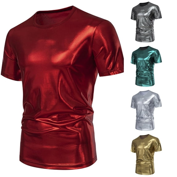Zylarhe Mens Tshirt, Mens Fashion Party Stage Glossy Short Sleeved Round Neck Blend Tee Shirt For Evening Wear Out Red L