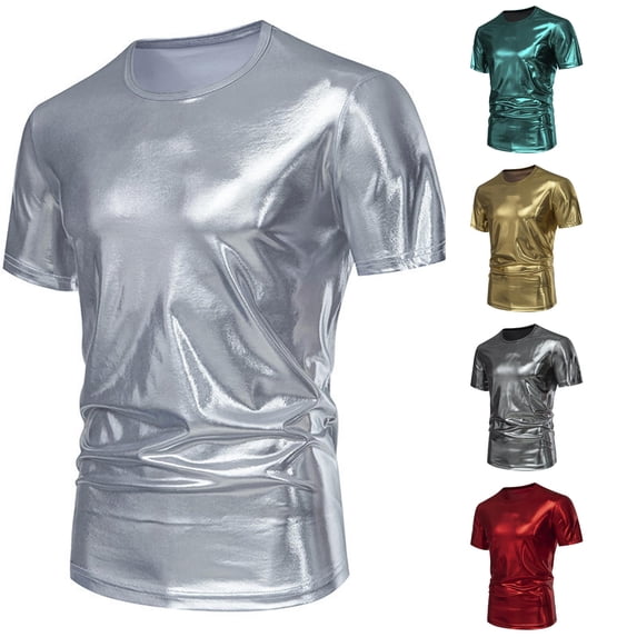 Zylarhe Mens Tshirt, Mens Fashion Party Stage Glossy Short Sleeved Round Neck Blend Tee Shirt For Evening Wear Out Silver L