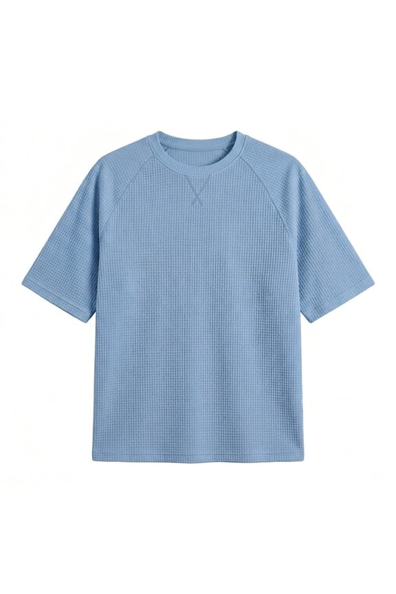 Mens Tshirts, Casual Loose Fit Knit Solid Raglan Short Sleeve Round Neck T Shirt Exchange Men T Shirt Light Blue S