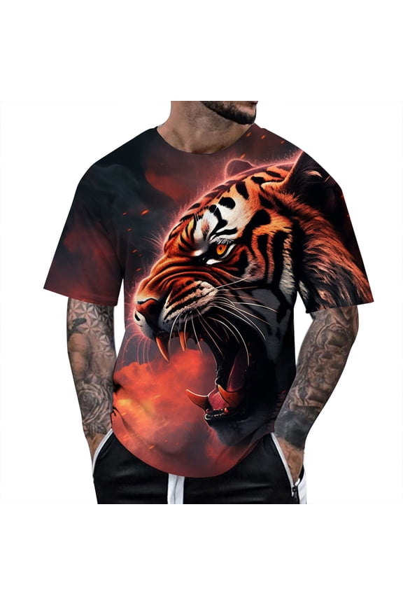 Mens Tshirts, Male Spring And Autumn Print Short Sleeve Round Neck T Shirt Floral Fashion Trend Bottoming Shirt Medium Tall T Shirts for Men Black M