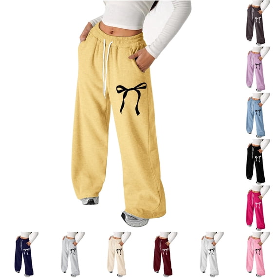 Zylarhe Pants for Girls Bowknot Baggy Sweatpants Lightweight Straight Leg Athletic with Pockets for Play Yellow 110