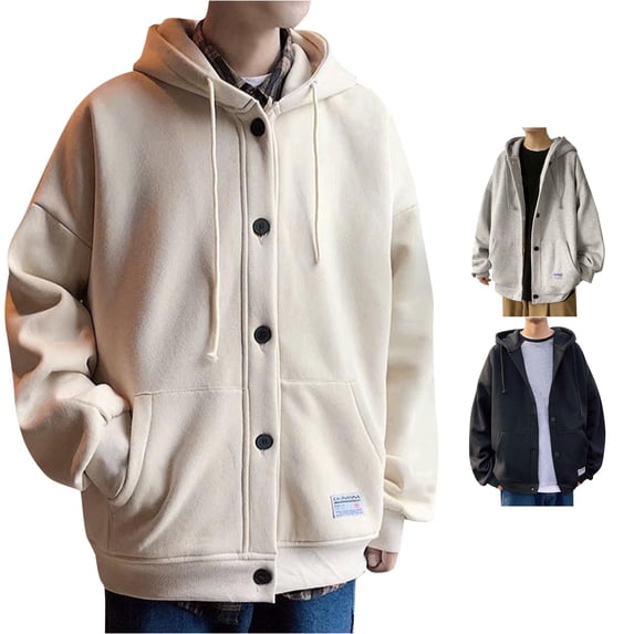 Zylarhe Sweatshirt for Men Mens Hooded Oversize Plush Loose Cardigan Sweater with Cozy Plush Lining for Extra Warmth Khaki L