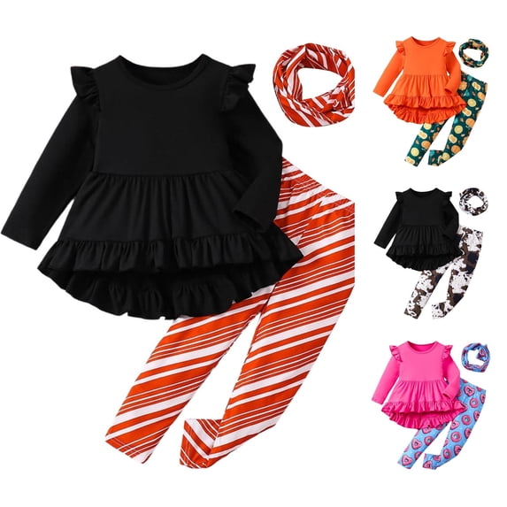 Zylarhe Toddler Girls Winter Outfit Set Solid Sleeveless Top Striped Pants Hair Accessories Orange 5-6 Years