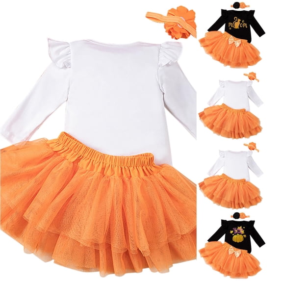 Zylarhe Toddler Kids Girls Halloween Pumpkin Prints Romper Skirt Hairband 3PCS Set Orange 6-9 Months