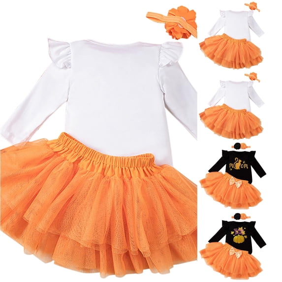 Zylarhe Toddler Kids Girls Halloween Pumpkin Prints Romper Skirt Hairband 3PCS Set White 3-6 Months