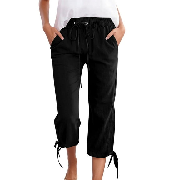 Zylarhe Women Linen Pants Women's Casual Linen Pants Summer Lightweight Elastic Waist Drawstring Cropped Trousers Loose Fit Beach Capris with Pockets Comfortable Breathable Stylish