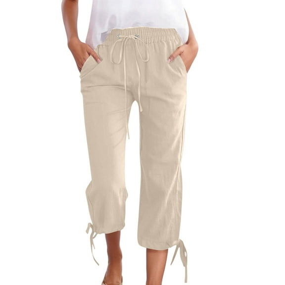 Zylarhe Women Linen Pants Women's Casual Linen Pants Summer Lightweight Elastic Waist Drawstring Cropped Trousers Loose Fit Beach Capris with Pockets Comfortable Breathable Stylish