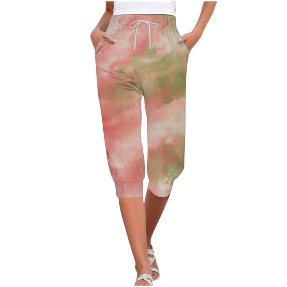 Zylarhe Women's Pants Women's Casual Capris High Waist Tie Dye Print Drawstring Joggers Comfortable Pants Soft Stretchy Yoga Trousers Trendy Athletic Bottoms