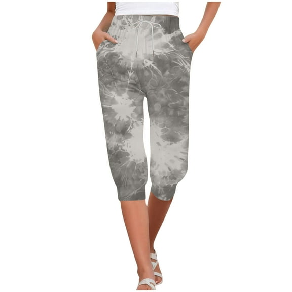 Zylarhe Women's Pants Women's Casual Capris High Waist Tie Dye Print Drawstring Joggers Comfortable Pants Soft Stretchy Yoga Trousers Trendy Athletic Bottoms