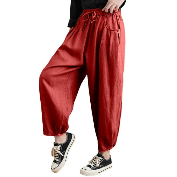 Zylarhe Women's Pants Women's Casual High Waisted Loose Fit Carrot Pants with Elastic Waistband and Retro Lace Up Design for Comfortable Daily Wear