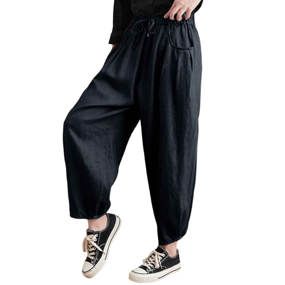 Zylarhe Women's Pants Women's Casual High Waisted Loose Fit Carrot Pants with Elastic Waistband and Retro Lace Up Design for Comfortable Daily Wear