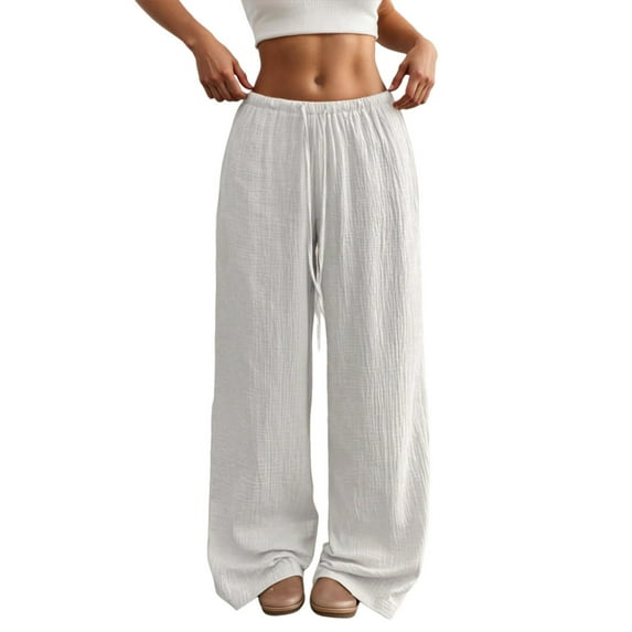 Zylarhe Women's Pants Women's Casual Straight Leg Pants Drawstring Waist Lightweight Breathable Wide Leg Pants with Pockets Comfortable Pure Color Versatile Outfits for Everyday Wear