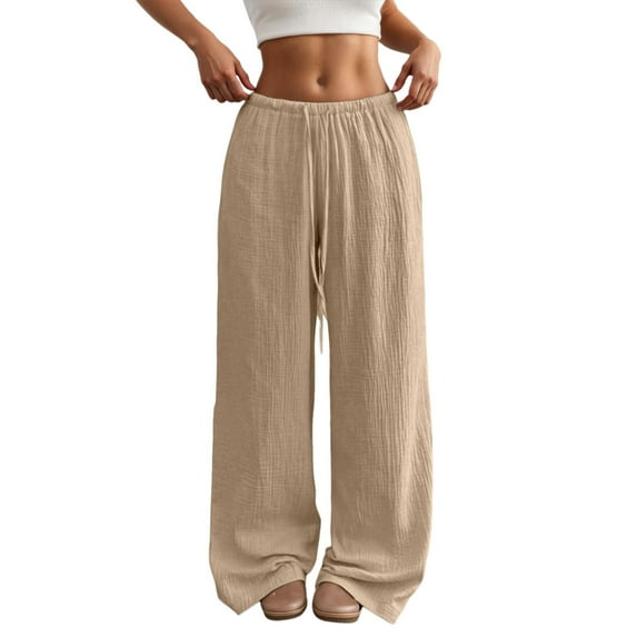 Zylarhe Women's Pants Women's Casual Straight Leg Pants Drawstring Waist Lightweight Breathable Wide Leg Pants with Pockets Comfortable Pure Color Versatile Outfits for Everyday Wear