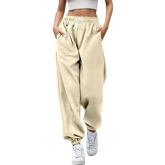 Zylarhe Women's Pants Women's High Waisted Wide Leg Casual Pants Elastic Drawstring Comfortable Straight Fit Trousers with Pockets for Everyday Wear