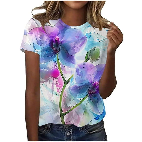 Zylarhe Womens Summer Tops Women's Graphic Print Round Neck Short Sleeve Casual T-Shirt Comfortable Soft Tee Stylish Everyday Top