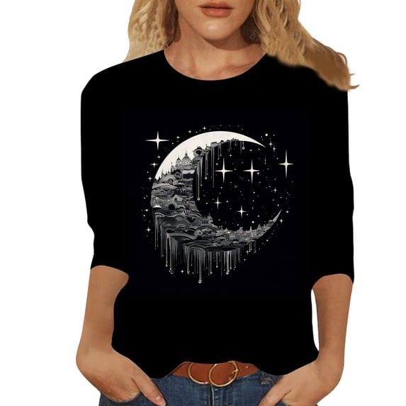 Zylarhe Womens T Shirts Women's 3/4 Sleeve Graphic T-Shirts 2024 Fashion Crew Neck Casual Tops Plus Size Comfortable Soft Stretch Tees