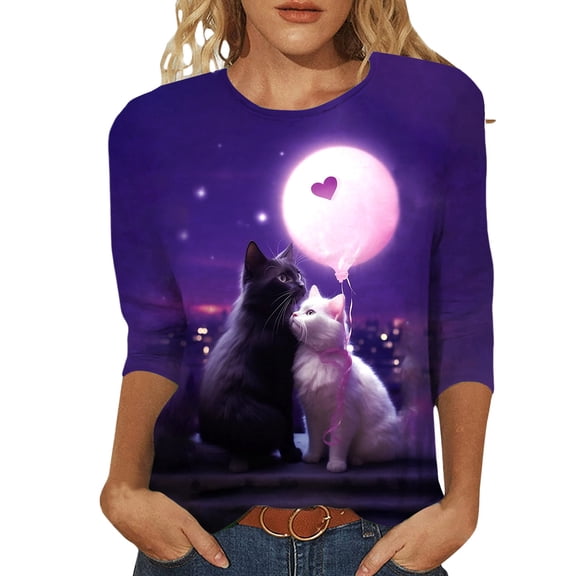 Zylarhe Womens T Shirts Women's Casual Cat Print T-Shirt Valentine's Day Themed Round Neck 3/4 Sleeve Soft Comfortable Fashion Top