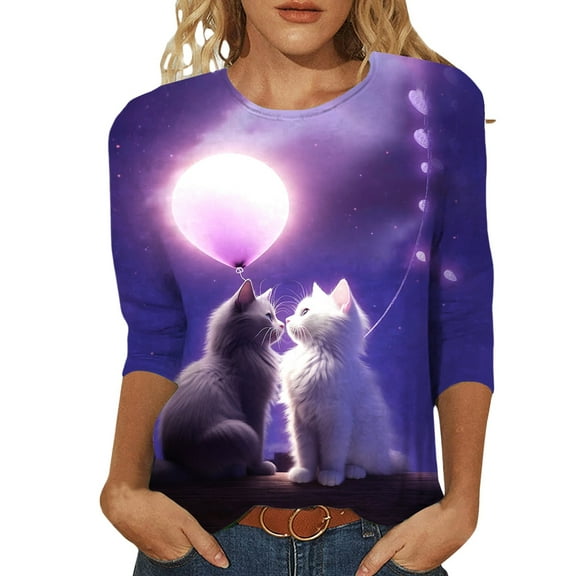 Zylarhe Womens T Shirts Women's Casual Cat Print T-Shirt Valentine's Day Themed Round Neck 3/4 Sleeve Soft Comfortable Fashion Top