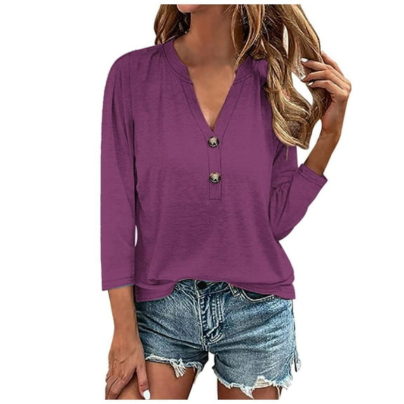 Zylarhe Womens T Shirts Women's Fashion Casual 3/4 Sleeve Button Down T-Shirt Comfortable Soft Breathable Solid Top for Spring Autumn