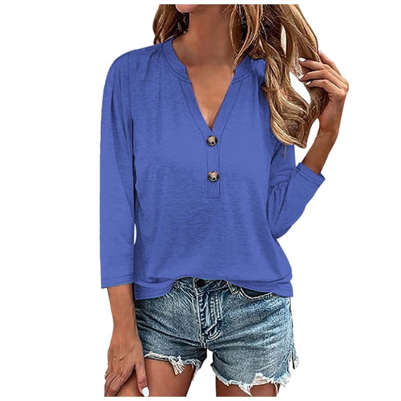 Zylarhe Womens T Shirts Women's Fashion Casual 3/4 Sleeve Button Down T-Shirt Comfortable Soft Breathable Solid Top for Spring Autumn