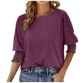thumbnail image 1 of Zylarhe Womens T Shirts Women's Stylish Solid Color Loose Fit Round Neck Long Sleeve T-Shirt Casual Comfortable Versatile Fashion Top, 1 of 5