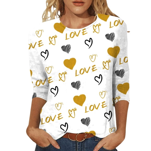 Zylarhe Womens T Shirts Women's Valentine's Day Graphic Casual T-Shirt Round Neck 3/4 Sleeve Soft Comfortable Stylish Tee for Everyday Wear