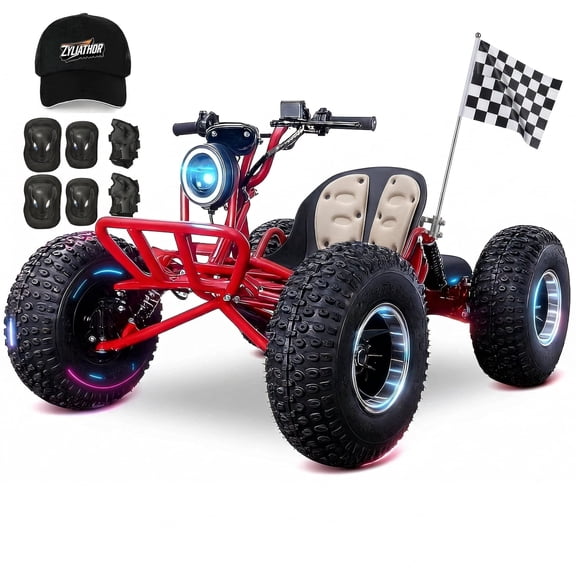 Zyliathor 48V 20Ah Electric Off-Road Go Kart for Adults & Teens, Peak 4000W, Up to 31 MPH, 30-Mile Range, Shaft Drive Differential, Dual Hydraulic Brake, AT19x7-8 Tires (Red)