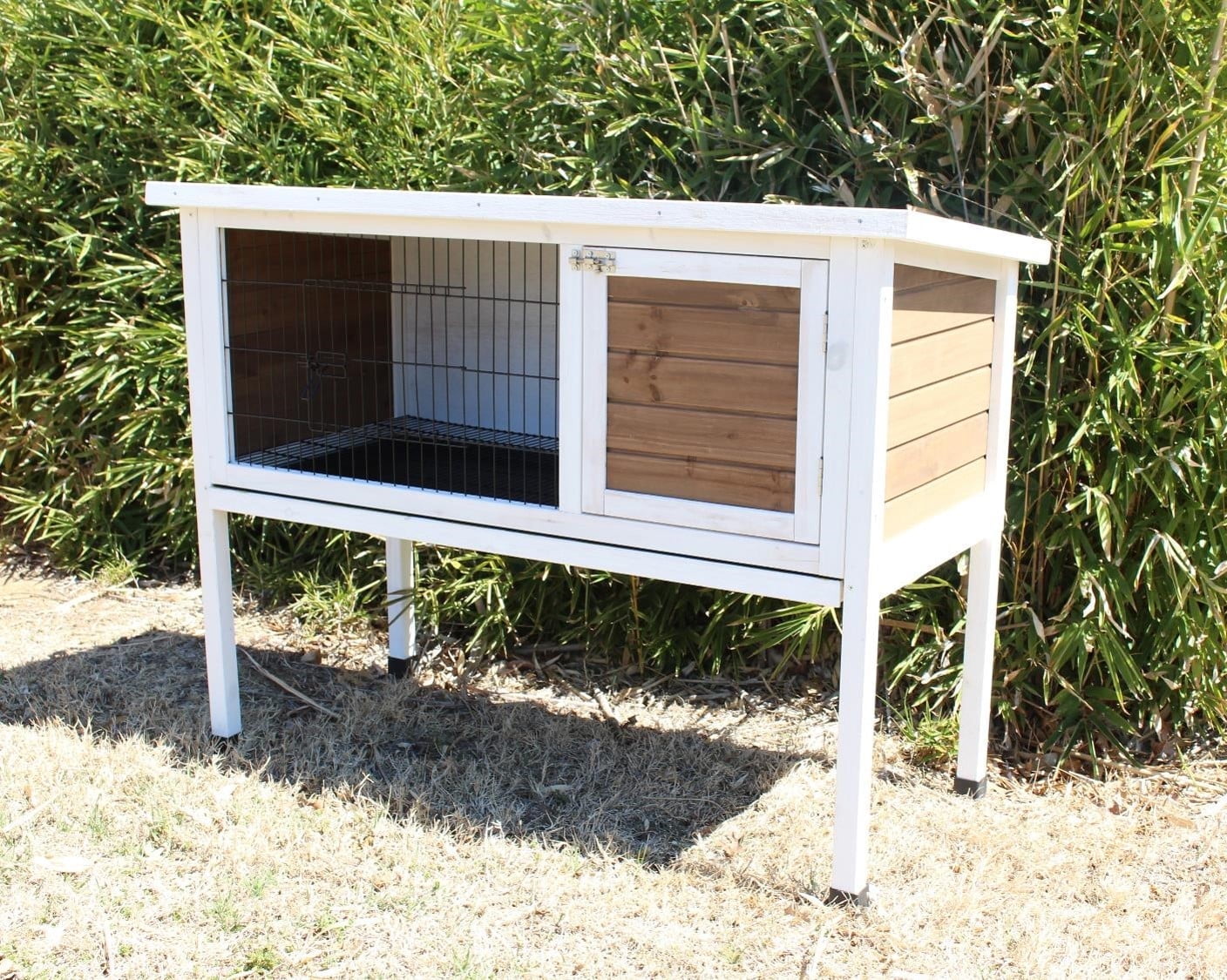Zylina White and Natural Wood Rabbit Hutch with Mesh Door