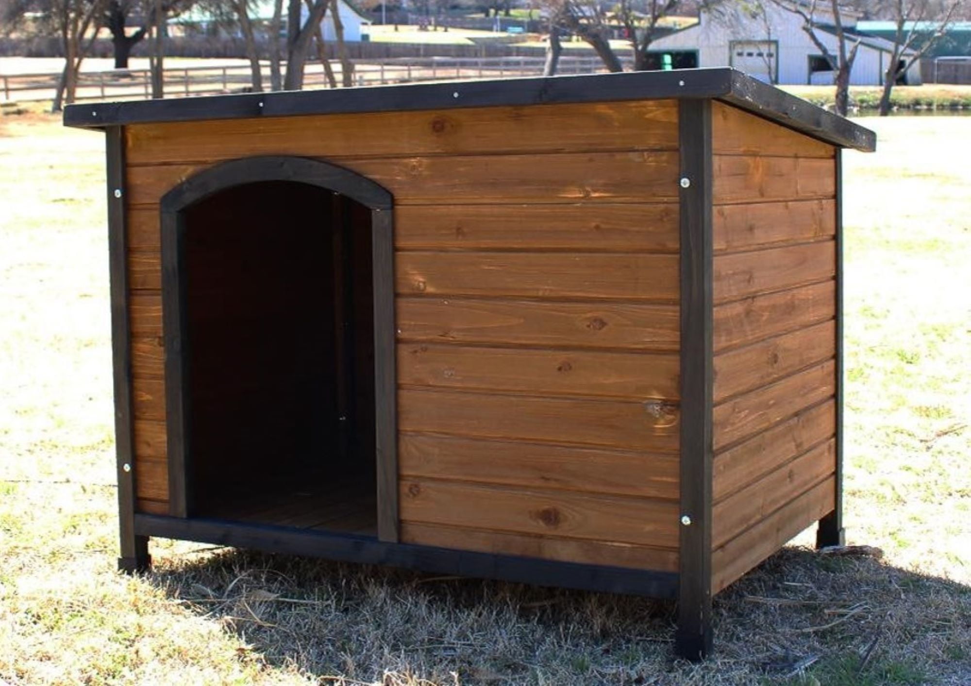Large Brown and Black Wood Raised Floor Dog House