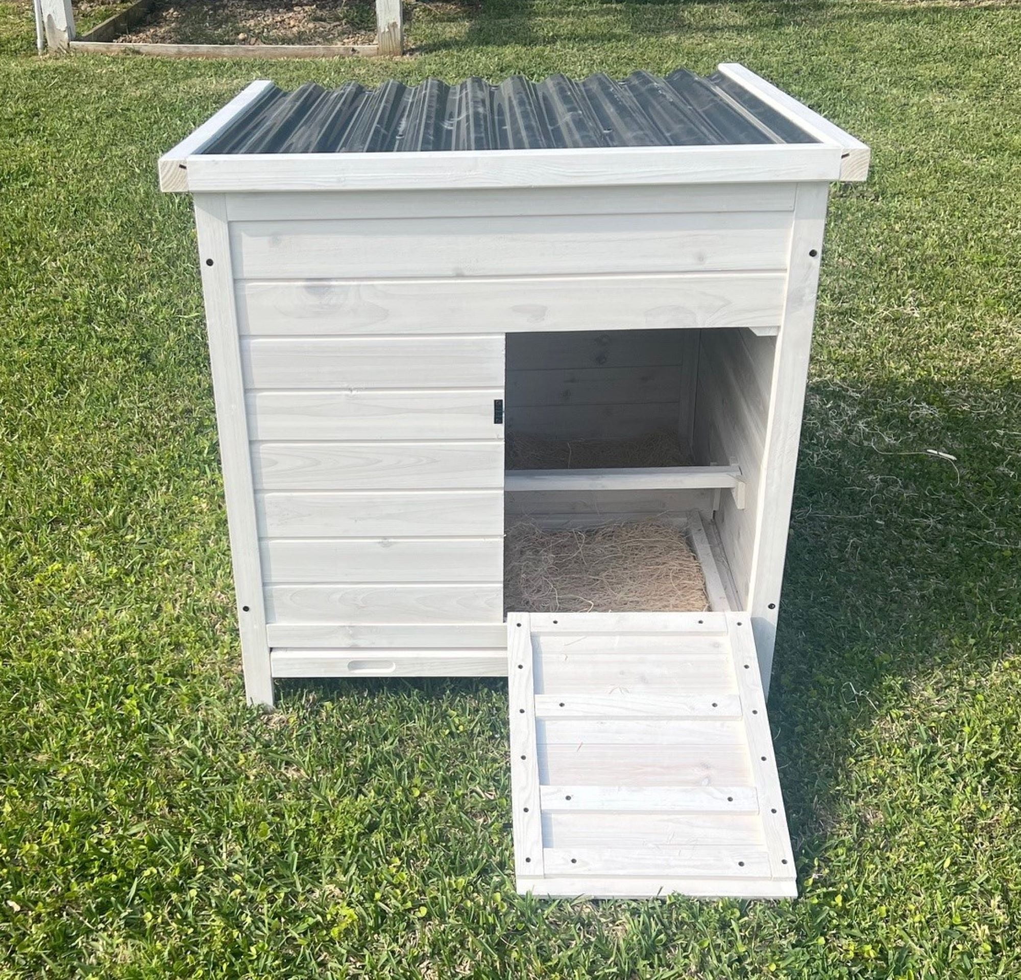 White and Black Wooden Chicken Coop with Nesting Box