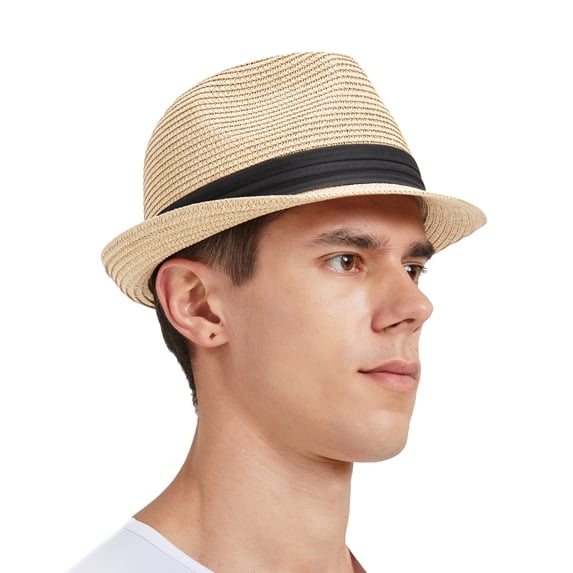 Zylioo Small Size Straw Fedora Hat Packable Short Brim Roll Up Trilby Hat Petite Heads Summer Beach Sun Hat UPF 50+