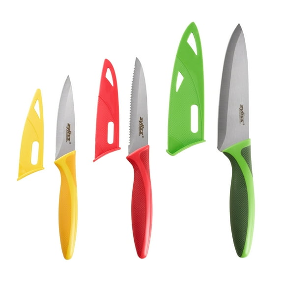 Zyliss 3-Piece Chef Knife Set with Sheath Covers, Stainless Steel Cutting Blades, Paring, Serrated, Utility Kitchen Knives, Color Handles