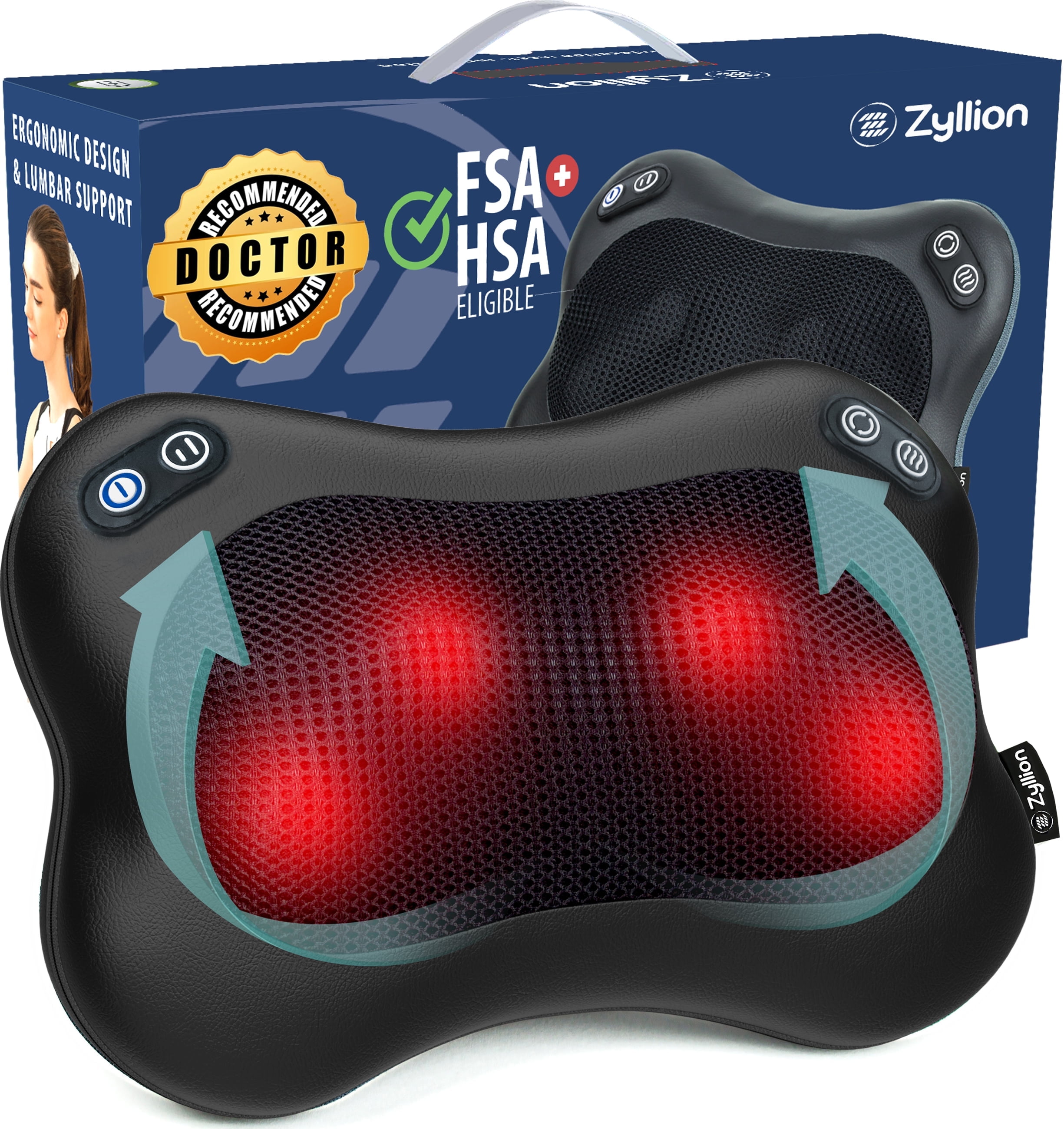 Zyllion Rechargeable Shiatsu Back & Neck Massager 3D Kneading 2-Speed Cordless Massage Pillow with Heat for Muscle Pain, Black
