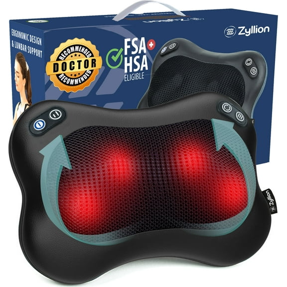 Zyllion Rechargeable Shiatsu Back & Neck Massager 3D Kneading 2-Speed Cordless Massage Pillow with Heat for Muscle Pain, Black
