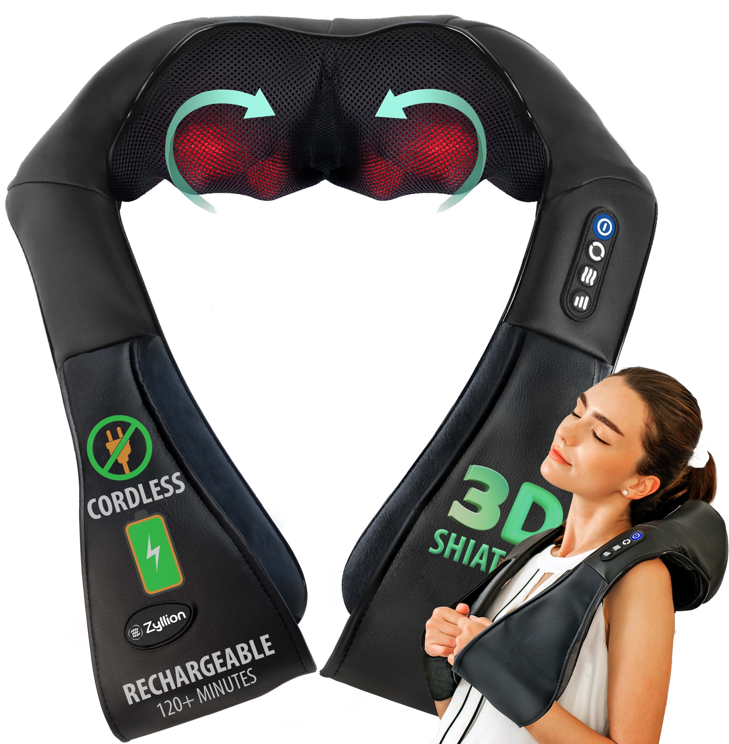 Zyllion Rechargeable Shiatsu Neck & Back Massager 3D Kneading Deep Tissue Massage with Heat for Muscle Pain, Black