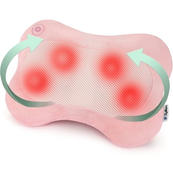 Zyllion Shiatsu Back & Neck Massager 3D Kneading Massage Pillow with Heat for Muscle Pain, Pink