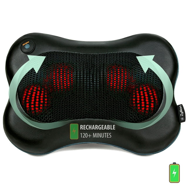Zyllion Shiatsu Back and Neck Massager - Rechargeable 3D Kneading Deep Tissue Massage Pillow with Heat for Muscle Pain Relief, Chairs and Cars (Cordless) - Black (ZMA-13RB-BK)