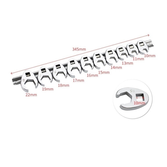 Zyllora 10 Piece Crowfoot Wrench Set Metric with 3/8 Inch Drive 10 to 22Mm Open End Spanners for Reaching Tight Fasteners