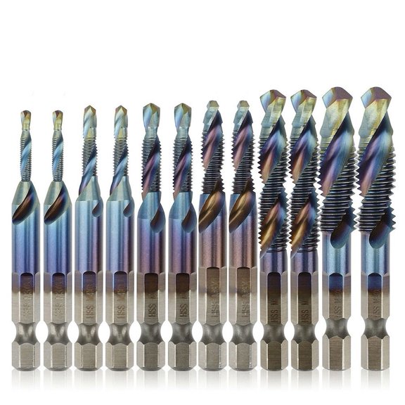 Zyllora 12Pcs Compound Metric Tap Drill Bits Screw Thread Hex Shank Machine Titanium Hss Tap Bit Tool for Metal Steel Wood Plastic