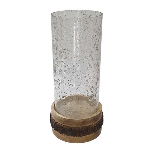 Zylo Decorative Vase Transparent Cylinder Glass Brown Mango Wood 13 Inch