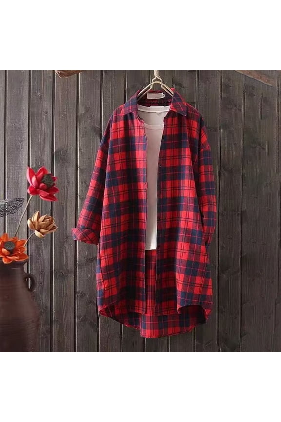 Checkered Shirts for Women Plaid Shirts for Women Solid Color Casual Plaid Tops Long Sleeved Button Flannel Shirts for Women Red XXL Black*Friday/Cyber*Monday Clearance