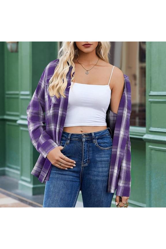 Checkered Shirts for Women Plus Size Plaid Button with Pocket Basic Top Jacket Plaid Shirts for Women Flannel Purple XXL Black*Friday/Cyber*Monday Clearance