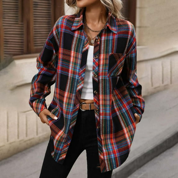 Zyloft Checkered Shirts for Women Plus Size Plaid Tops Button With Pocket Plaid Shirts for Women Flannel Jacket Multicolor S Black*Friday/Cyber*Monday Clearance