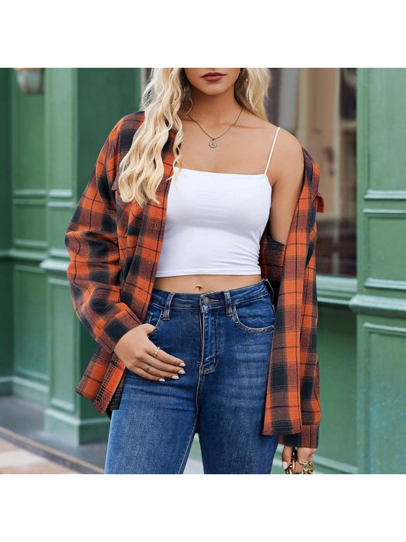 Checkered Shirts for Women Women's Plaid Checked Shirt Button with Pocket Basic Top Flannel Jackets Orange M Black*Friday/Cyber*Monday Clearance