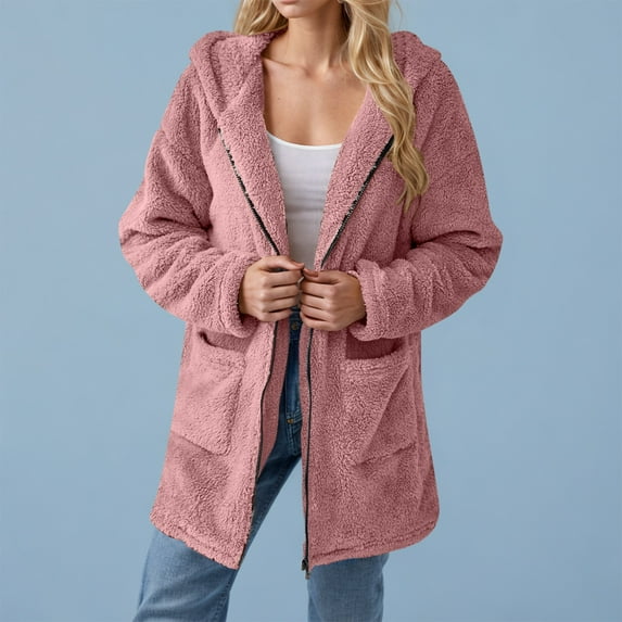 Zyloft Jackets for Women Clearance Women's Solid Winter Faux Coats Long Sleeve Lapel Pockets Fleece Jacket Casual Trendy Outerwear Pink L Black*Friday/Cyber*Monday Clearance
